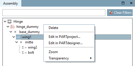 Figure exemplarily shows the context menu of "wing1".