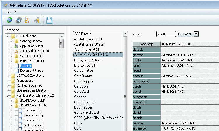 Material dialog under PARTadmin -> Category -> PARTsolutions -> Material