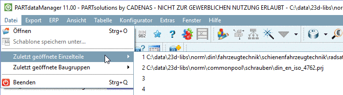 Display in UI: "Recent parts" menu item