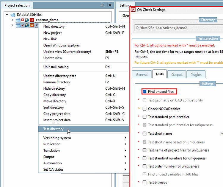 Catalog / Project > Right-click > Test directory > QA Check settings [QA Check Settings] > Find unused files