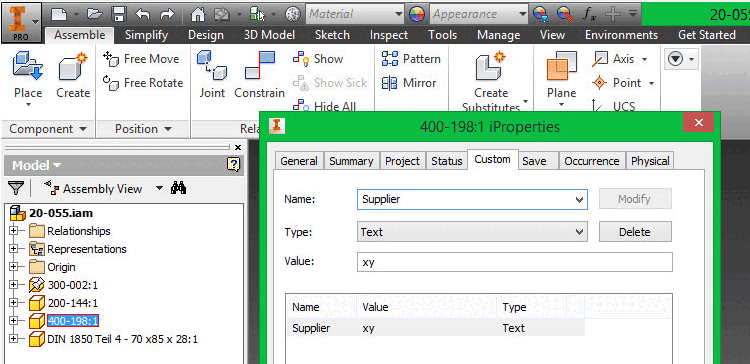 Part property example for Inventor