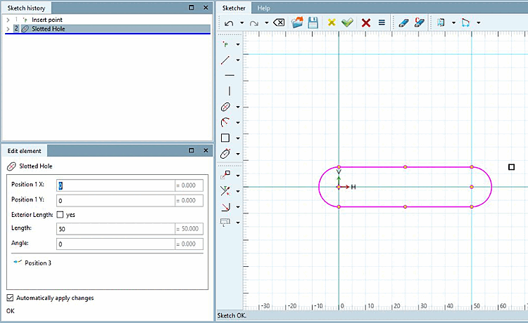 A slot defined by two free clicks and a reference point for the width