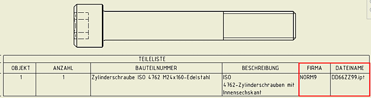 BOM list standard attributes enhanced with "COMPANY" and "FILE NAME"