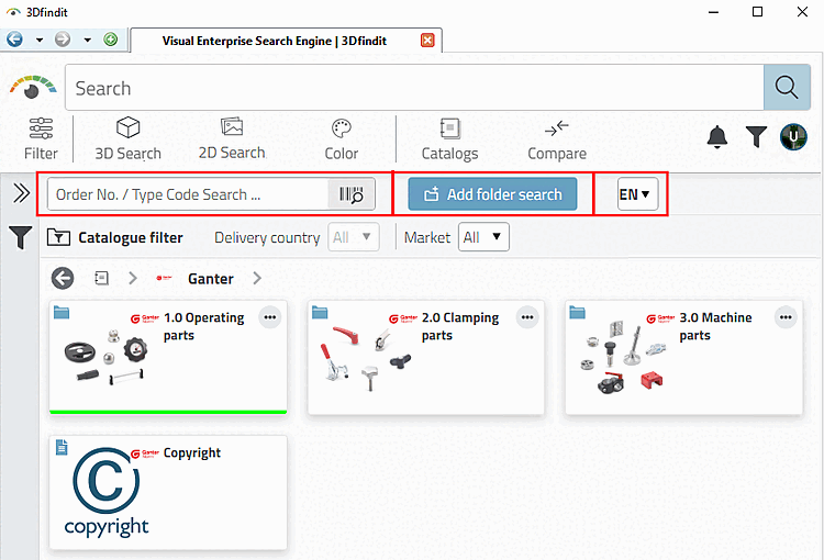 Here is an example of the 1st directory level after selecting the "Ganter" catalog