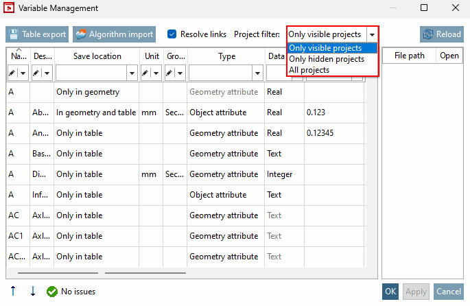 Project filter in the variable management [Variable Management]