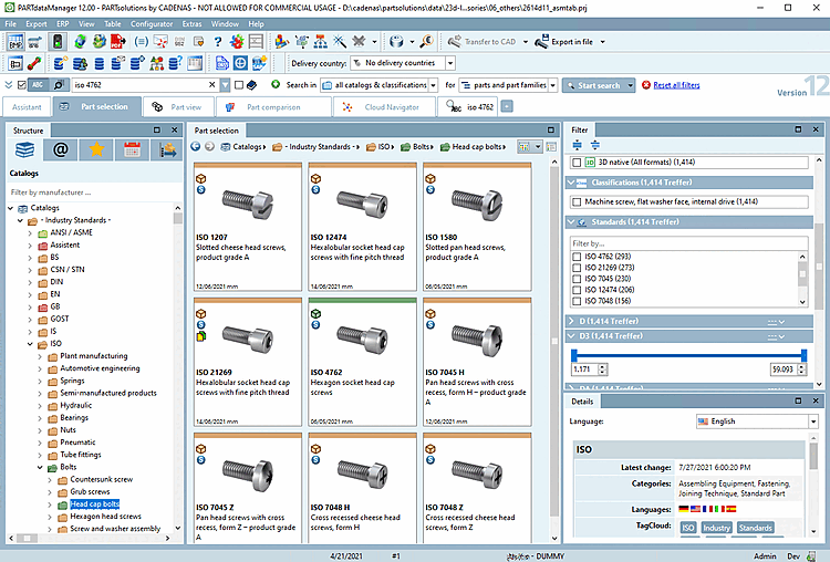 PARTdataManager with "Parts selection [Part selection] " tab page