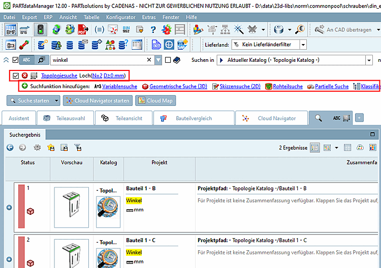 Example: Search extended with Topology search (search condition "Hole")