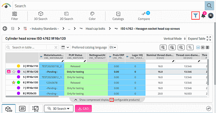 Preferred row filter: Only rows with an entry under "Material number" are displayed.