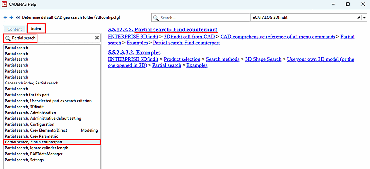 Example: Indexes filtered with the term "Partial search"