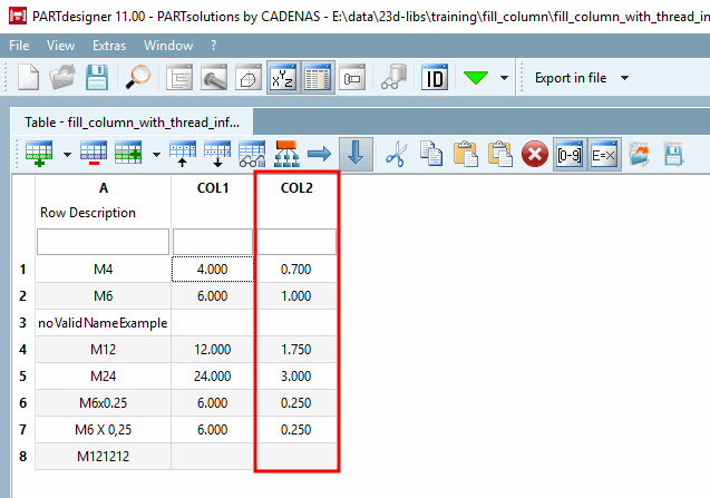 The values taken for COL2 correspond with the thread pitch (PITCH).