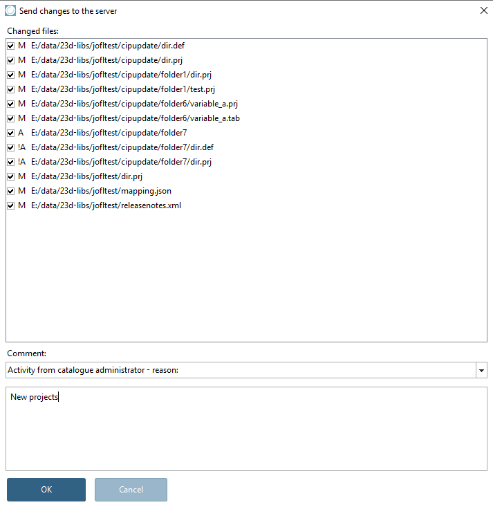 Server changes [Send changes to the server] dialog
