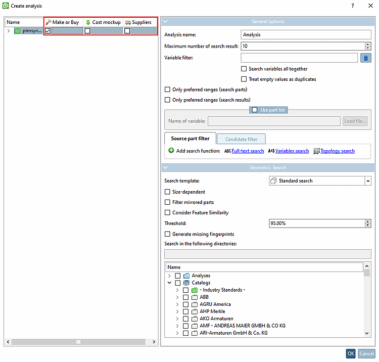 "Create analysis [Create analysis] " dialog box: "Make-or-buy" activated as an example