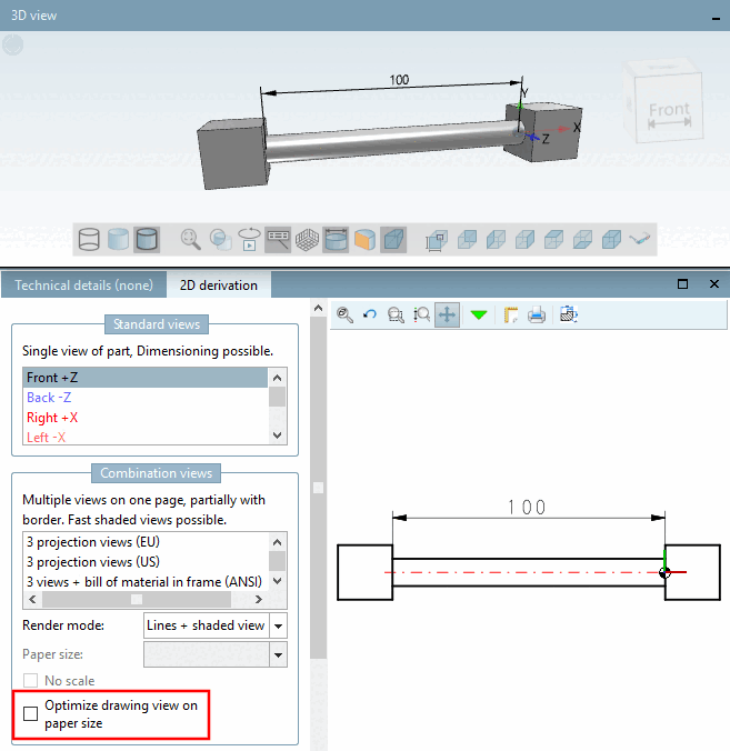 "Optimize drawing view on sheet [Optimize drawing view on paper size] " ( "Shortened view [Shortened view] ") deactivated
