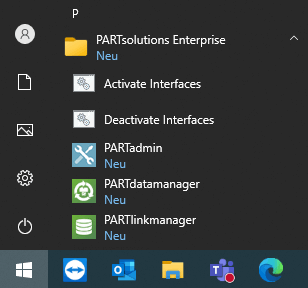 Start menu entries exemplarily with PARTsolutions Enterprise