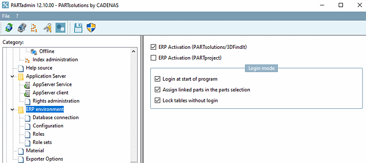 Category: ERP environment with the subcategories database connection [Database connection], roles [Roles] and configurations [Configurations]