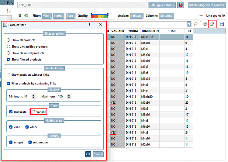 The figure shows an example of how variants are filtered out of the table . After clicking "OK," only rows that are not variants are displayed.