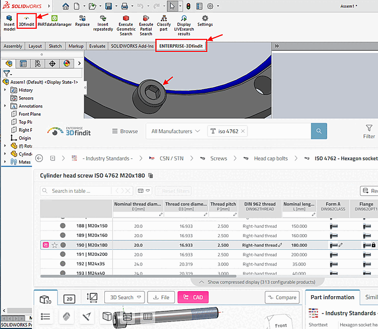 Call up 3Dfindit via menu item "ENTERPRISE-3Dfindit" -> sub-item "3Dfindit" and export part to CAD