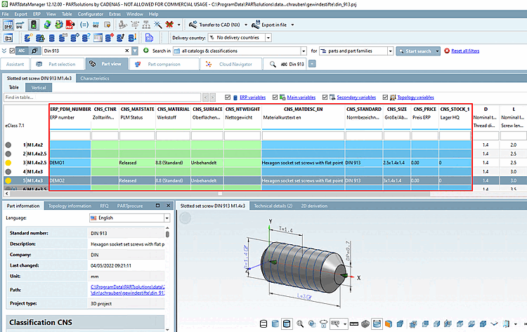 Exemplary result in PARTdataManager: After appropriate preparation of the LinkDB, any amount of information from third-party systems such as description, material, price, stock, etc. can be displayed.