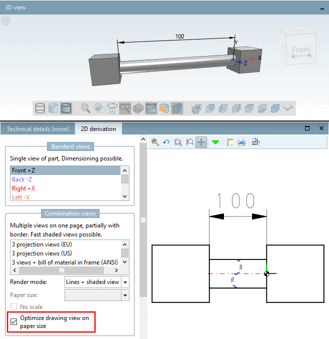 "Optimize drawing view on sheet [Optimize drawing view on paper size] " ( "Shortened view [Shortened view] ") activated