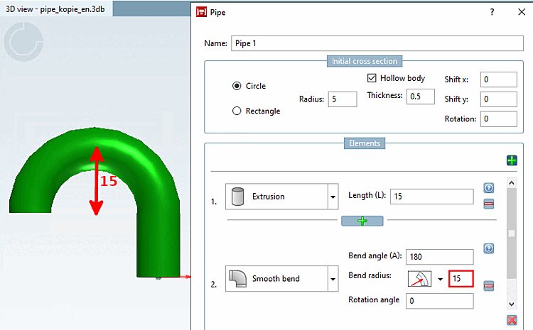 Bending radius [Bend radius] 15 with a bending angle [Bend angle] of 180°