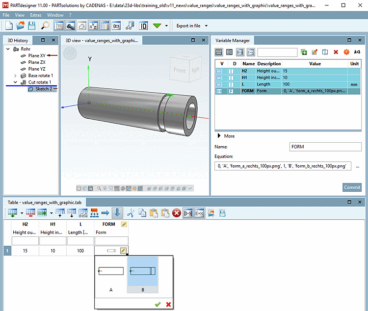 The illustration shows a created value range variable with graphics [Value range variable with graphics] in the PARTdesigner
