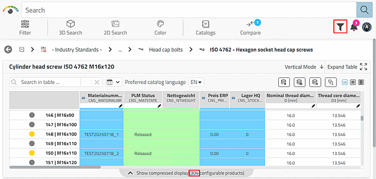 Preferred row filter off: All table rows (regardless of whether they contain an entry under "Material number" or not) are displayed.