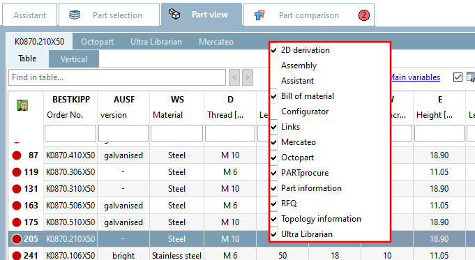 Parts view [Part view]: Show and hide dockings