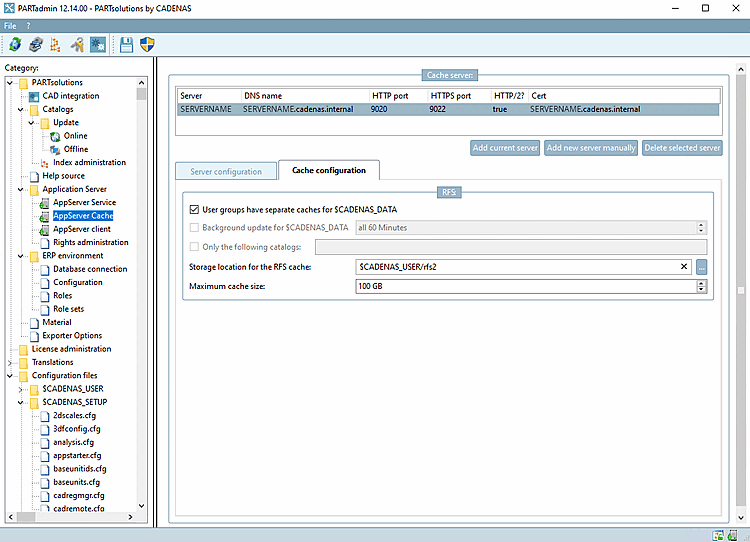 PARTadmin "AppServer Cache" view with
the "Cache Configuration" tabbed page: Options for separate
caches, background updates, catalog list, storage location of the
RFS cache, and maximum cache size.