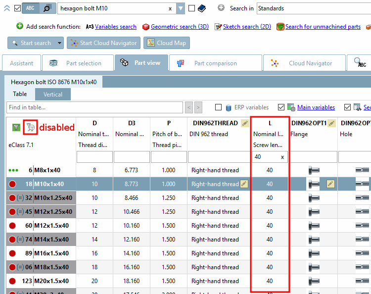 Table shows all rows with nominal length 40.