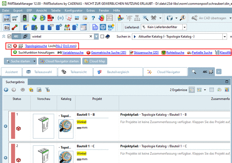 Example: Search extended with Topology search (search condition "Hole")