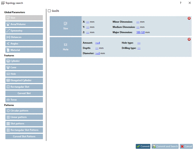 Example: Topology search with "Largest dimension" 100-120"