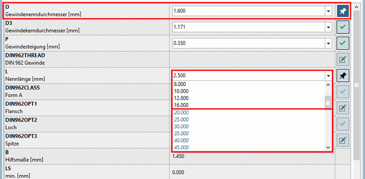 Example: D has been set on the value 1.6. As a result for L values greater or equal 20 are not possible anymore. These are displayed in blue now.