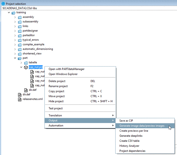 Project selection -> Context menu on directory or project level -> Output -> Generate image data/preview images
