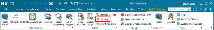 PARTsolutions menu in CAD (exemplarily in NX)