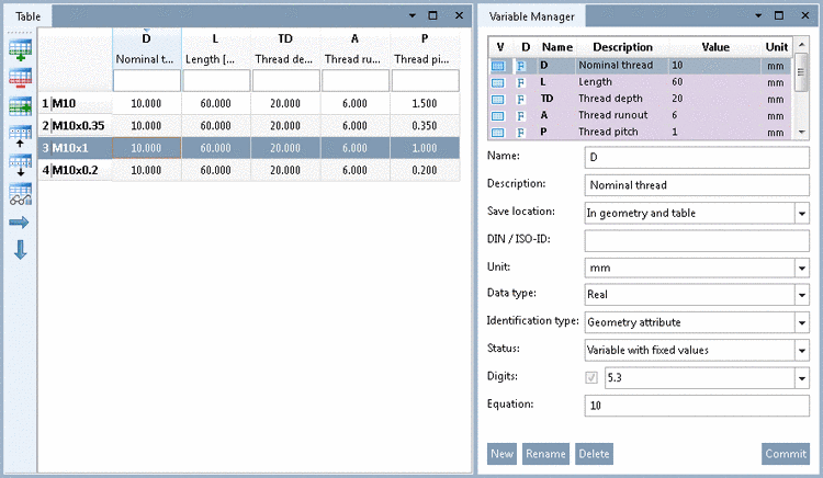 PARTdesigner: Variables in Table and Variable Manager