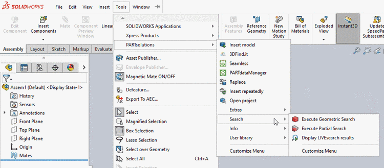 PARTsolutions menu under "Tools" menu