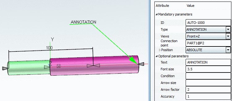 The arrow is drawn to the specified connection point. The bottom left position of the annotation is specified via "Position" in relation to the zero point of the coordinate system.