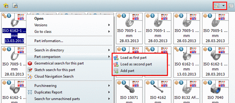 Open part comparison in "Symbol" view via context menu