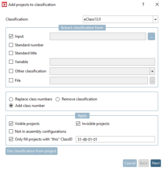 "Add projects to classification [Add projects to classification] " dialog box