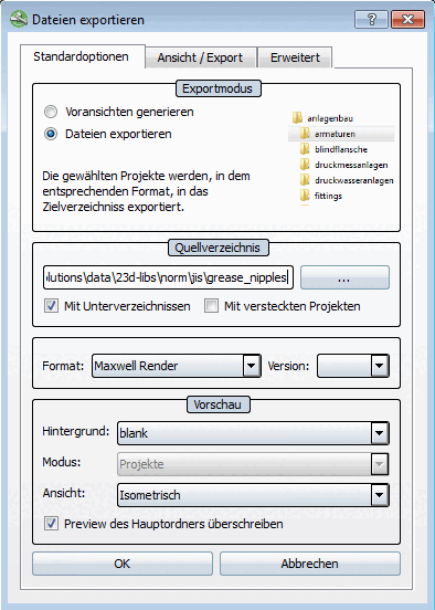 "Export files" dialog page