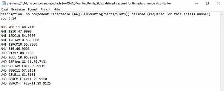 Listing of article numbers in an error code file