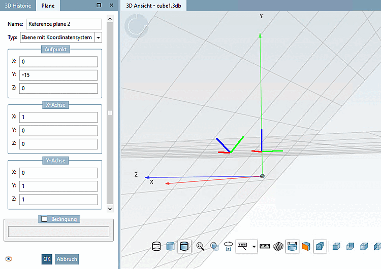 The reference plane "Reference plane 2" is moved by a Y value of -15. Reference point for this is the coordinate system of the initial plane (in this figure the right one)