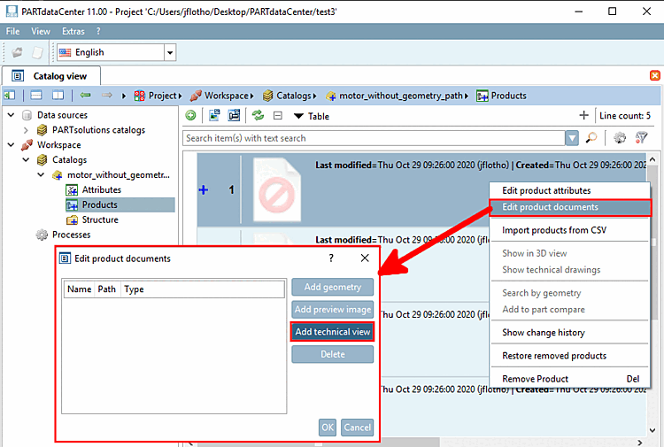 Edit product documents [Edit documents in product] -> Add technical drawing [Add technical view]