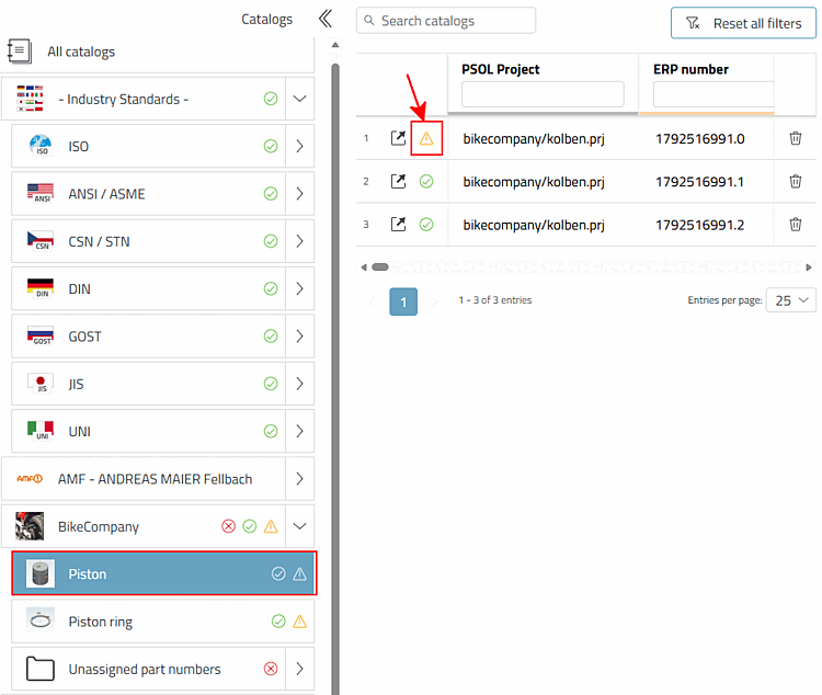 The part to be edited has been selected: Clicking the icon in the corresponding row opens the Update Manager.