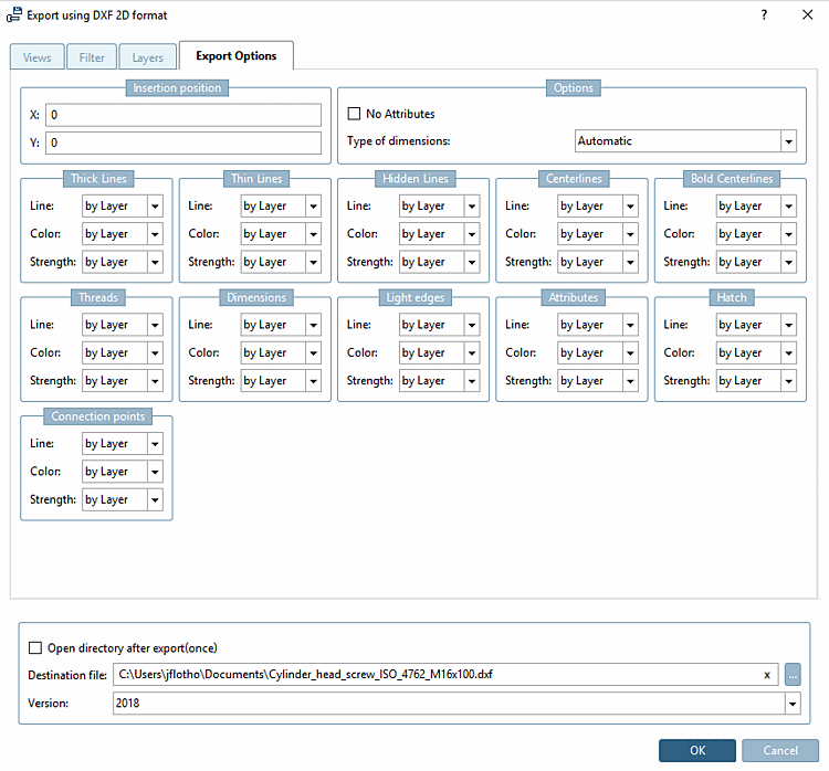 Export options " tab page - DXF 2D (binary)