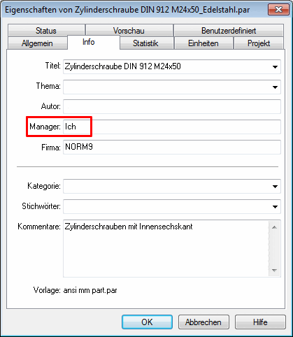 File properties -> Tabbed page "Info"