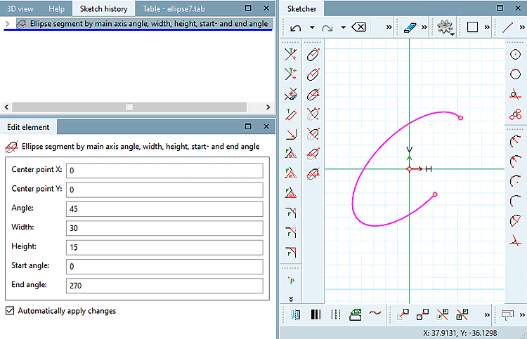 Ellipse segment: Definition of orientation via angle