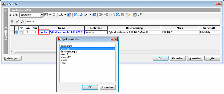 BOM list attribute "Name" now with "Prefix"