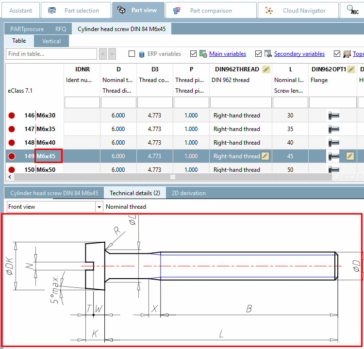 PARTdesigner with variable "VERS"- Example: DIN 84 M6x45