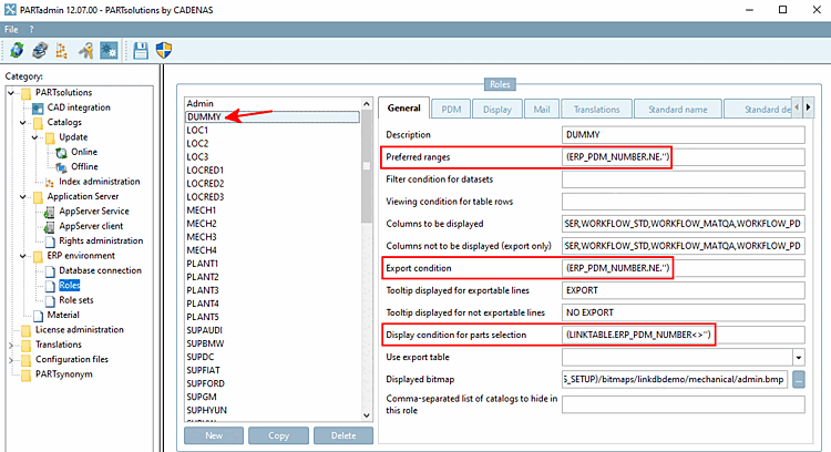 General " tab page - "Dummy" role Setting options